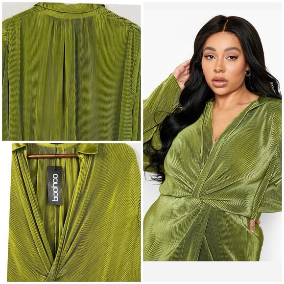 Boohoo Green 14 Pleated Twist Front Stretch Midi Dress Dolman Sleeve Look Party - Picture 6 of 10